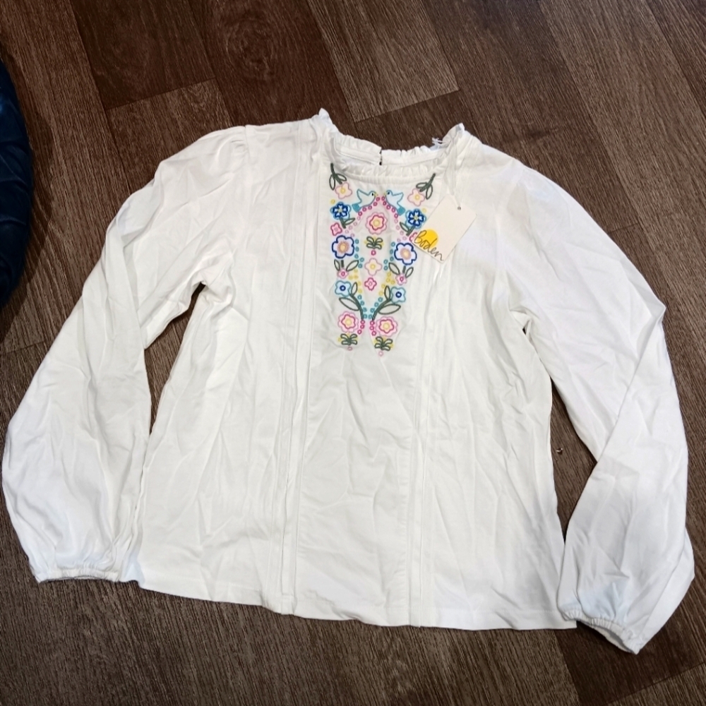 Boden White Blouse with Colorful Embroidery Sz 9-10y New